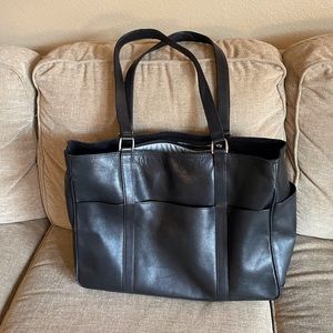 Large black leather tote.